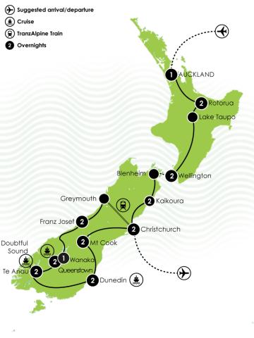 Map: Three Week Best of NZ Vacation Package Itinerary