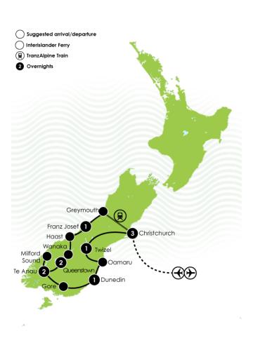 Tour Map: 11 Day Signature South Island Solo Travellers Tour 