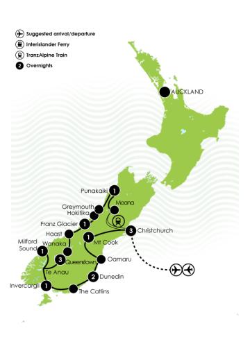 Tour Map: 14 Day Signature Best of South Island