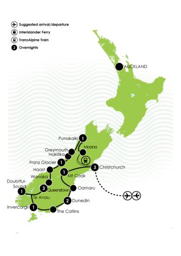 Tour Map: 14 Day Ultimate Best of South Island