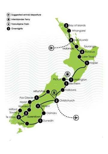 Tour Map: 19 Day Ultimate Showcase of New Zealand