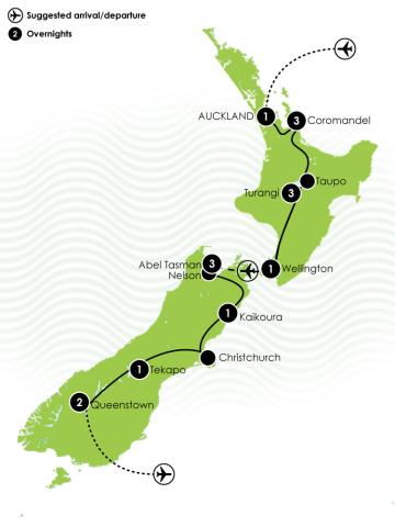 Tour Map: Two Week Active New Zealand Honeymoon