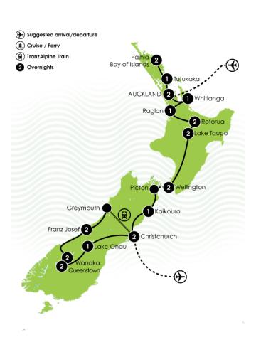 Tour Map: 24 Day Ultimate New Zealand