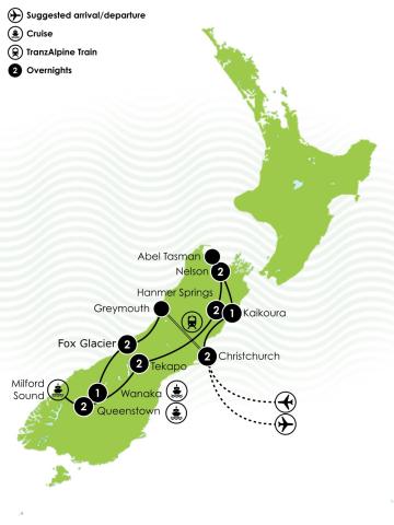 Tour Map: 15 Day Best of the South Island Itinerary